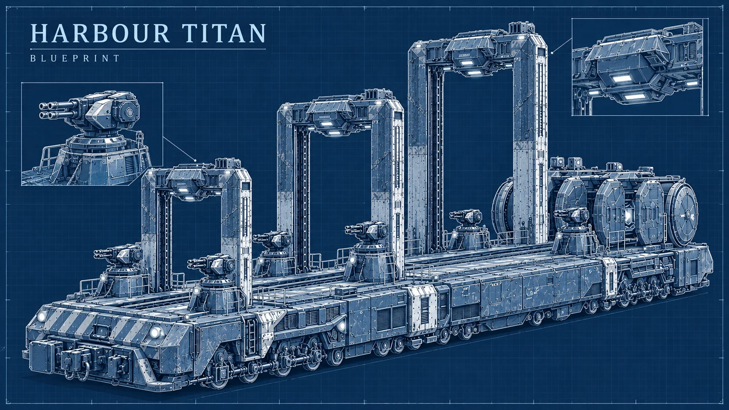 Harbour Titan. Armoured gantry with gun batteries and turrets.
