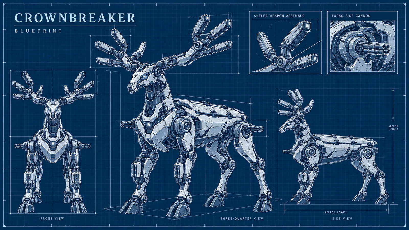 Crownbreaker. Robotic stag with modular weapons.