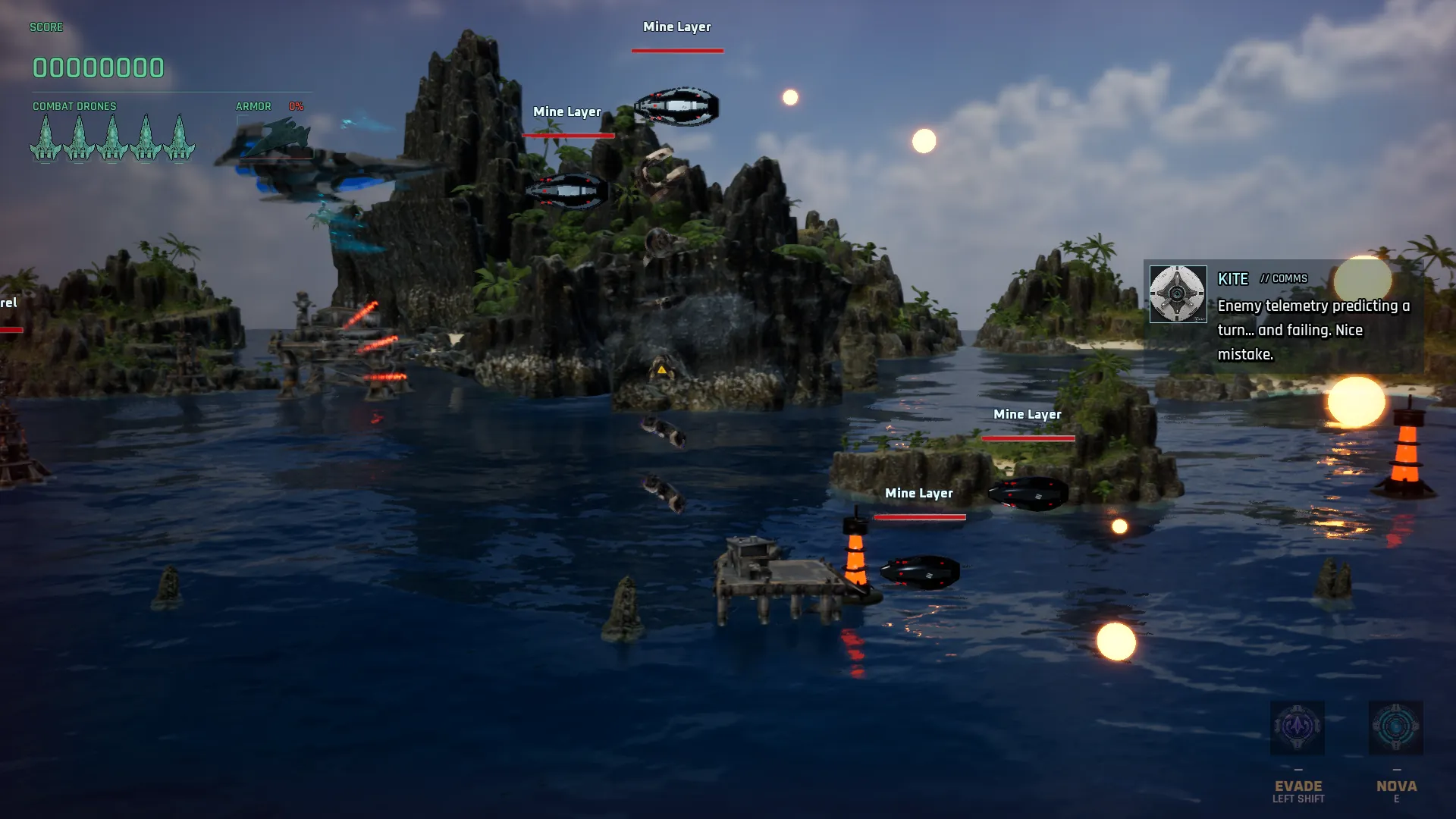 Horizontal scroll at dusk among jagged islands: Mine Layer drones and buoys, with a message from KITE.