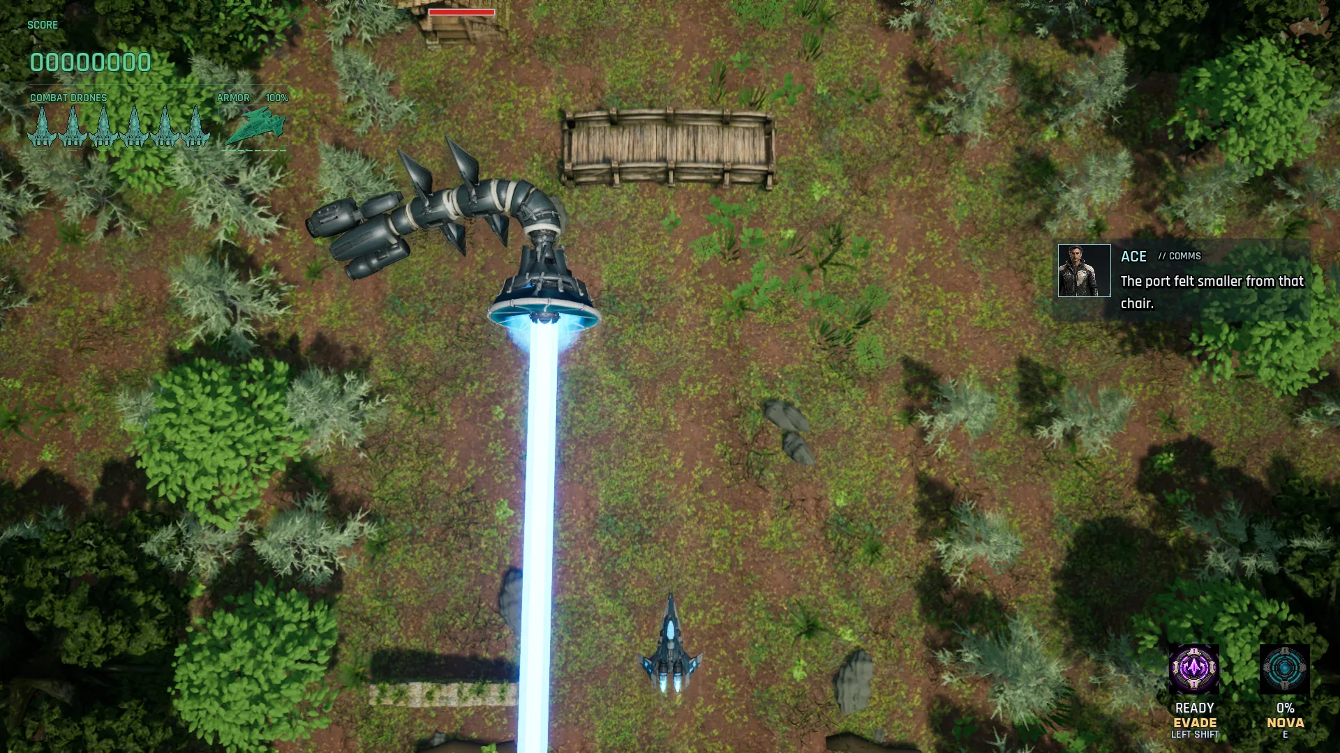 A heavy enemy fires a long blue beam down a forest clearing as the drone dodges.