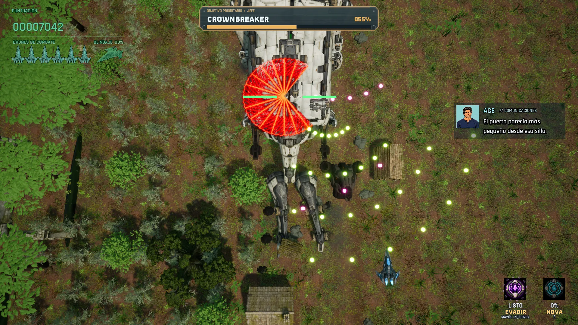 Vertical boss fight against Crownbreaker, a robotic stag, firing a red fan of bullets in a forest. Spanish-language HUD.