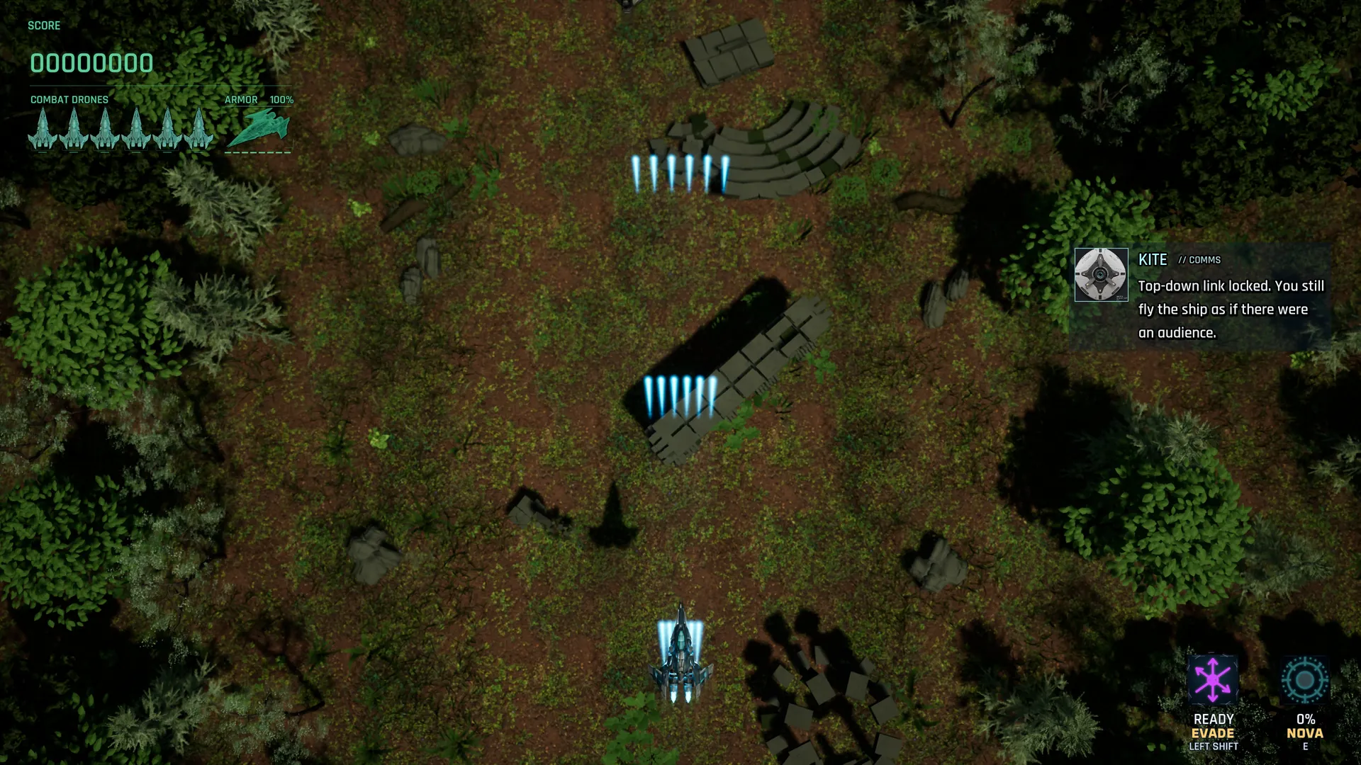 Vertical scroll over the S01 forest: Wasp Interceptors and Talus Owls attack while power-up crates float near the drone.