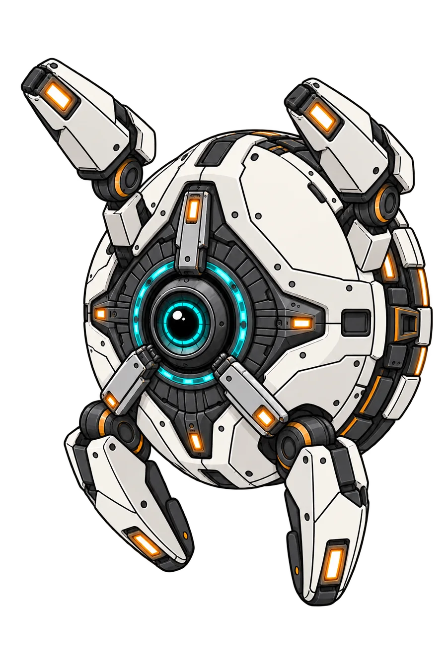 KITE, a round segmented ivory drone with a cyan iris.