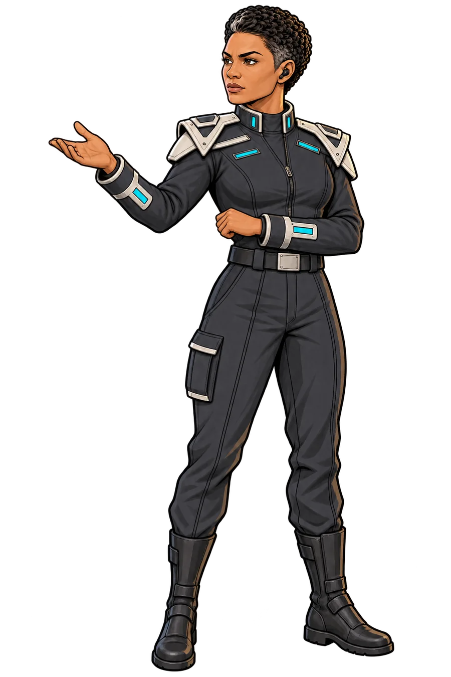 Commander Amara Sol in an ivory and charcoal uniform, giving an order.