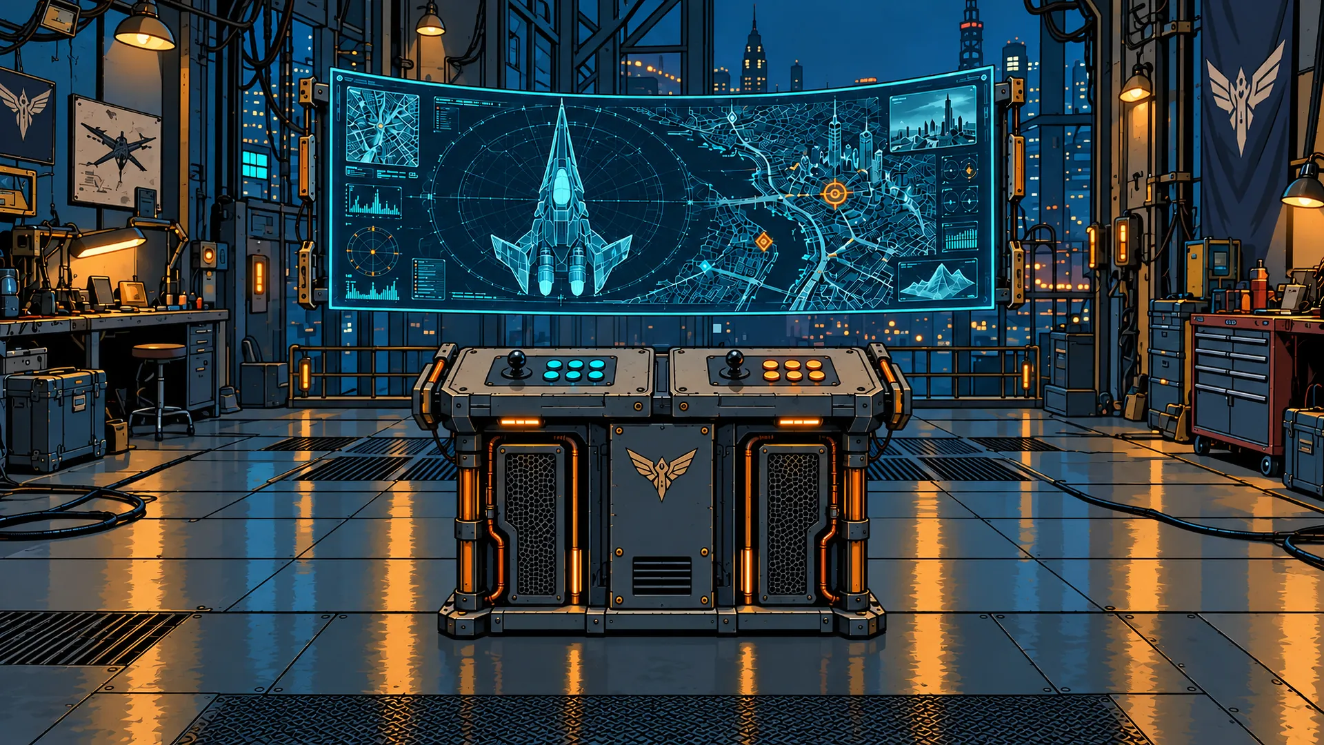 Comic plate: a two-seat arcade command console in front of a holographic drone blueprint and city map.